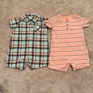 Baby Boys Carters Aqua  Brown Plaid & Peach Striped Rompers size 6 months